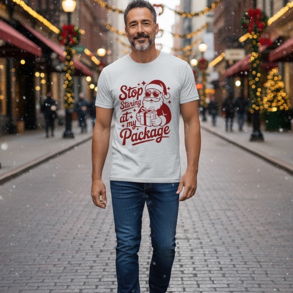 Funny Santa Christmas Tee– “Stop Staring at My Package” Shirt
